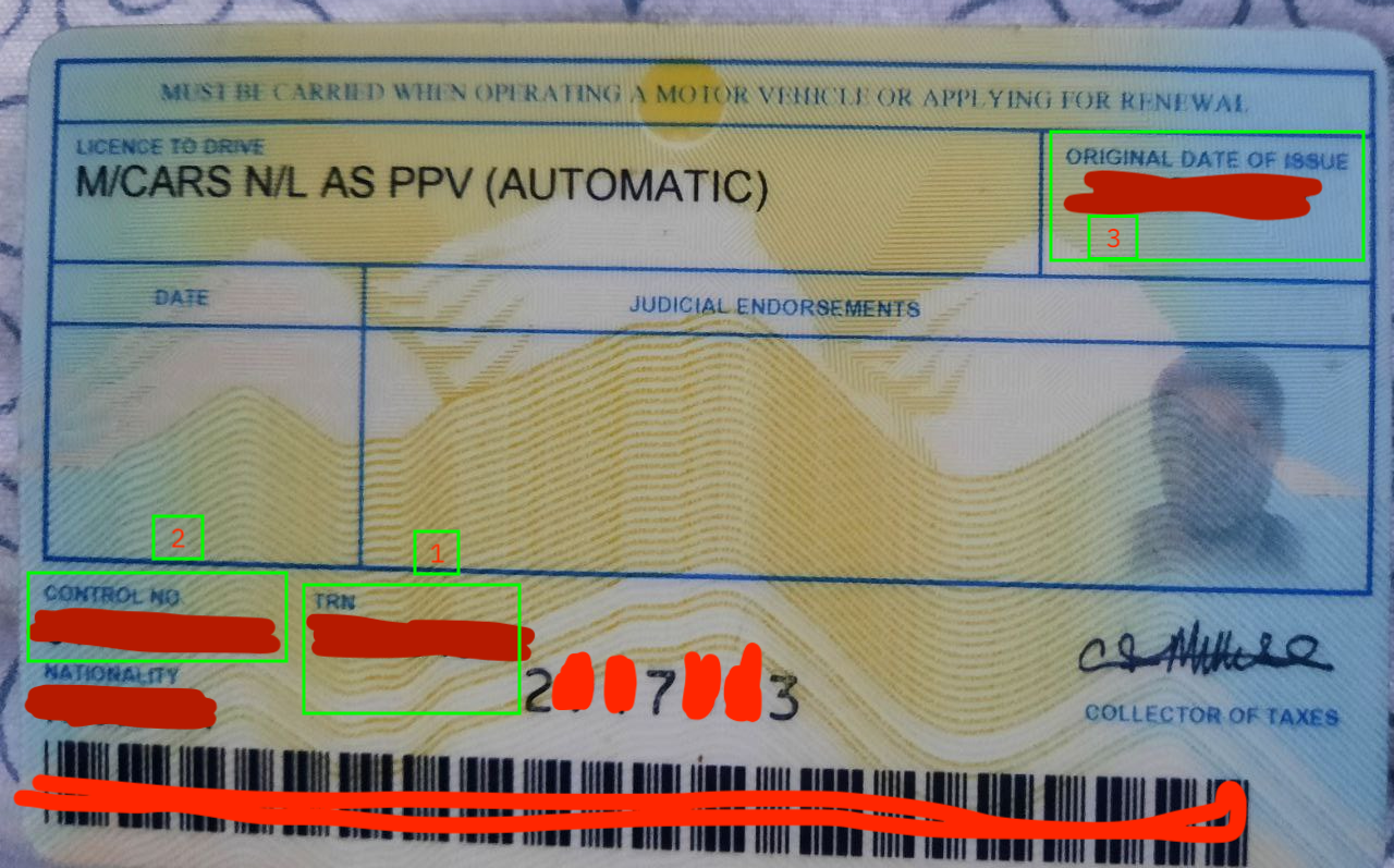 Back of Jamaica driver's license showing control number and original date of issue