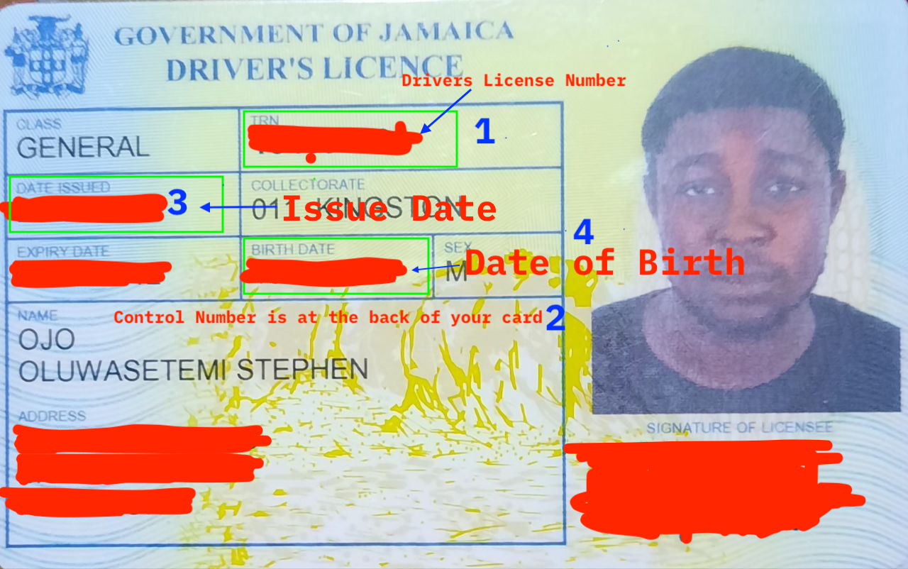 Front of Jamaica driver's license showing license number, issue date, and date of birth